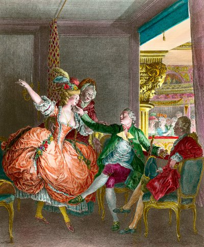 Prostitúció: „” Bemutató a színházban”” Egy fiatal nőt egy párkeresőn keresztül mutatnak be egy úriembernek. Moreau le Jeune (1741-1814) metszete. 19. század. Magángyűjtemény alkotó: Jean Michel the Younger Moreau