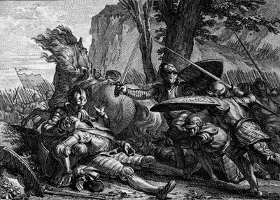 Roland meghalt a roncesvaux-i csatában Nagy Károly és a szaracénok serege között. 778. Jean Michel Moreau metszete, Moreau le Jeune (1741-1814) alkotó: Jean Michel the Younger Moreau