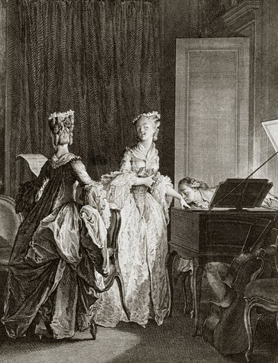 Saint Preux és Claire csembalónál Jean Jacques (Jean-Jacques) Rousseau (1712-1778) svájci filozófus „Julie ou la nouvelle Heloise” című művében - Moreau le jeune, Jean Michel metszete (1741-1814) -Preux, letelepszik a csembalóra, puszi alkotó: Jean Michel the Younger Moreau