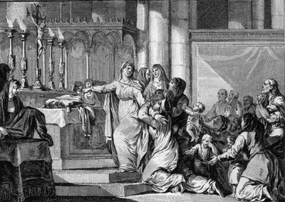 Sainte Bathilde (vagy Batilde, Bathylle, Beaudour) (626-680), a frankok királynője és II. Clovis özvegye 665-ben úgy döntött, hogy lerántja a fátylat a Chelles-i kolostorban. Az alattvalói megpróbálják megállítani. Jean Michel Moreau metszete, dit Moreau l alkotó: Jean Michel the Younger Moreau