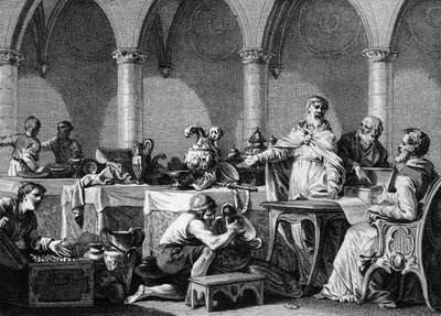 I. Dagobert (602/605-638), a frank király trezorainak megosztása halála után, a landeni és aegai Pepin-palota két polgármesterének irányítása alatt. Jean Michel Moreau metszete, Moreau le Jeune (1741-1814) alkotó: Jean Michel the Younger Moreau