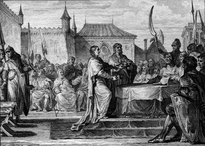 Pepin, the Brief utódlása, 768: a gyűlés úgy döntött, hogy felosztja a királyságot két fia, Nagy Károly (747-814) és Carloman (kb. 751-771) között, ezzel megtörve a Pepin the Brief által kötött megállapodásokat. Jean Michel Moreau metszete, dit Moreau l alkotó: Jean Michel the Younger Moreau