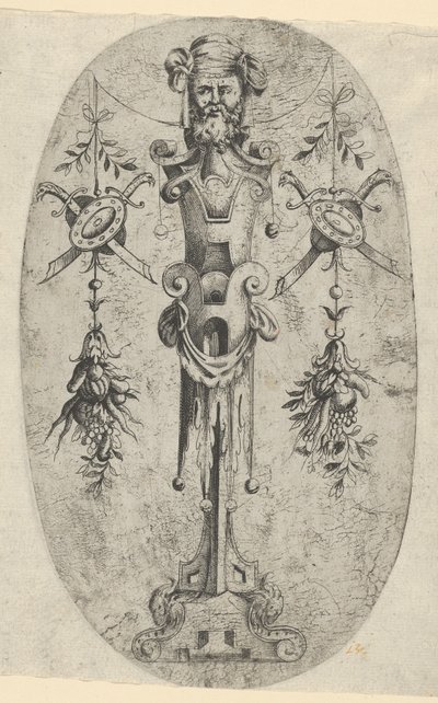 Férfi végfigura, szakállas fej és turbán háromnegyedes pántos lábon..., kb. 1543-45. alkotó: Jean Mignon