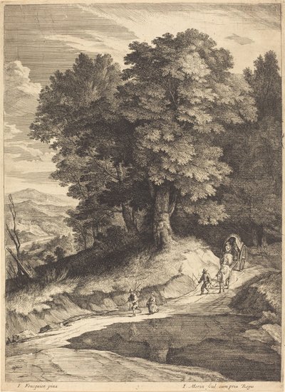 Egy erdő széle utazókkal hintón alkotó: Jean Morin, after Jacques Fouquières