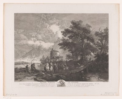 Vadászcsoport egy híddal rendelkező tájon Petite Partie de Chasse (cím a tárgyon) Nyomatok Philips Wouwerman festményei után (sorozat címe) Ph.pe Wouwermans Hollandois életművei (sorozat címe) alkotó: Jean Moyreau