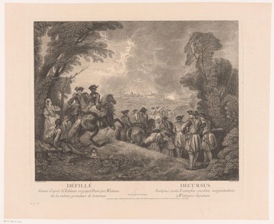 Felvonulás katonákkal egy város felé Défillé - Decursus (cím az objektumon) Antoine Watteau művei (sorozat címe) Antoine Watteau munkája, peintre du roy en son Academie roïale de peinture et sculpture (...) (sorozat címe) alkotó: Jean Moyreau