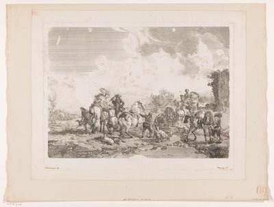 Pihenő vadásztársaság egy szökőkútnál La Fontaine de Venus Nyomatok Philips Wouwerman festményei után (sorozat címe) Ph.pe Wouwermans Hollandois életművei (sorozat címe) alkotó: Jean Moyreau