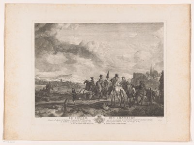 Pihenő vadásztársaság egy tájban Le Conseil des Chasseurs (cím a tárgyon) Nyomatok Philips Wouwerman festményei után (sorozat címe) Ph.pe Wouwermans Hollandois életművei (sorozat címe) alkotó: Jean Moyreau