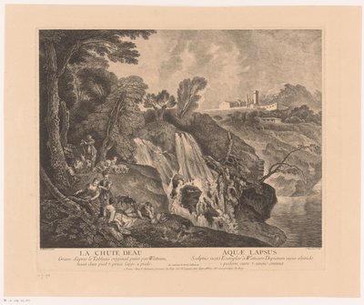 Rustende figuren bij een waterval A vízesés – Aquae Lapsus (cím a tárgyon) Antoine Watteau munkája (sorozat címe) Antoine Watteau, a Királyi Festészeti és Szobrászati ​​Akadémia királyfestőjének munkája (...) (sorozat címe) alkotó: Jean Moyreau