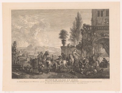 Visszatérő vadásztársaság A chasse et curée visszaadása (cím az objektumon) Nyomatok Philips Wouwerman festményei után (sorozat címe) Wouwermans Hollandois Ph.pe életművei (sorozat címe) alkotó: Jean Moyreau