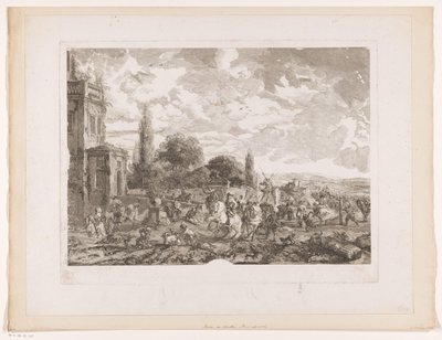 Induló vadásztársaság egy házért Partie de Chasse pour le Vol Nyomatok Philips Wouwerman festményei után (sorozat címe) Ph.pe Wouwermans Hollandois életművei (sorozat címe) alkotó: Jean Moyreau