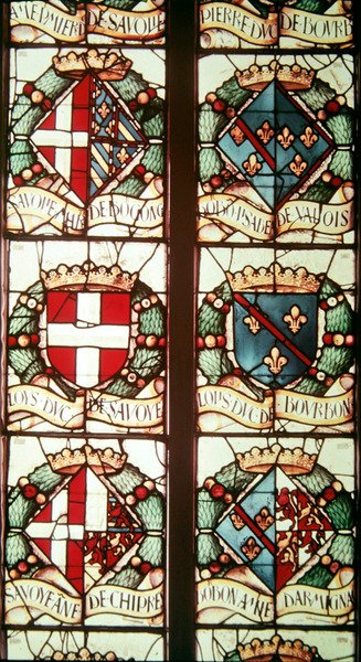 Savoyai Philiberthez, az adományozó férjéhez, Osztrák Margithoz köthető címerek alkotó: Jean Orquois Jean Brachon Antoine Noisin