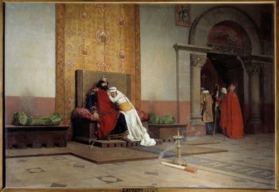 Jámbor Róbert kiközösítése 998-ban. A francia király, Hugues Capet fia beleszeret, és feleségül veszi unokatestvérét, a burgundiai Berthe-t, annak ellenére, hogy V. Gergely pápa kiközösítette, aki szintén kiközösíti. Jean Paul Laurens festménye (1838-19 alkotó: Jean Paul Laurens
