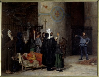 Hódító Vilmos (1027-1087), 1066-tól 1087-ig (1087) angol király temetése a caeni aux Hommes-i apátságban (Abbey-au-Hommes). Egy Asselin nevű férfi megszakítja a szertartást. Jean Paul Laurens festménye (1838-1921) alkotó: Jean Paul Laurens