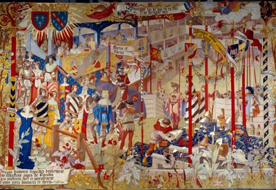 Versenyjelenet a 14. század végén. Gobelins kárpit a párizsi Archives Nationales nyilvános termének díszítésére Jean-Paul Laurens (1838-1921) művész által festett kartonpapírral. alkotó: Jean Paul Laurens