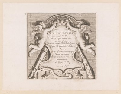 Címnyomat két puttival és Herkules attribútumaival Hercules munkái (sorozat címe) Herculis Labores (sorozat címe az objektumon) alkotó: Jean Pesne