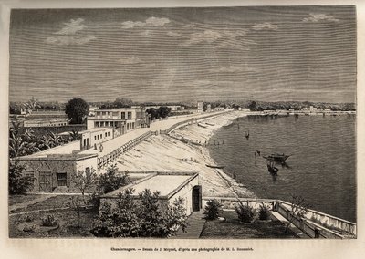Chandernagor (jelenleg Chandannagar, Nyugat-Bengáliában), a Gangesz partján, metszet J. Moynet rajza alapján, amely a rádzsák indiai utazását szemlélteti 1864-1868 között, Louis Rousselet, megjelent „” Le tour du monde”” 1874, szerkesztve alkotó: Jean Pierre Moynet