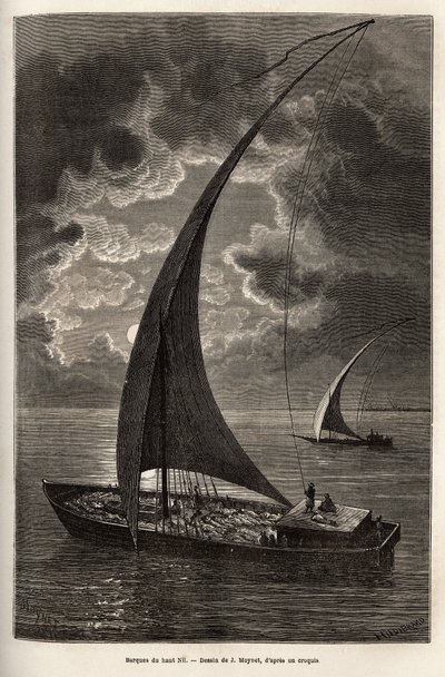 Les barques du haut Nile, csökkentett személyzet és a fedélzeten alvó utasok holdfényben, metszet J. Moynet rajza után, amely az 1868-1871-es Afrika szívébe vezető utazást illusztrálja, Dr. Georges Schweinfurth, megjelent a „” Le tour du monde”” 1874, szer alkotó: Jean Pierre Moynet