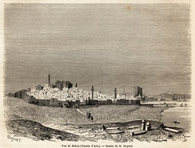 Baku (Oroszország, Azerbajdzsán) képe, Mr. Moynet rajza a Kaszpi-tenger partjaihoz vezető utazás szemléltetésére 1858 októberében, Mr. Moynet. Metszet a „” Le tour du monde, nouveau Journal des voyages”” Párizsban alkotó: Jean Pierre Moynet