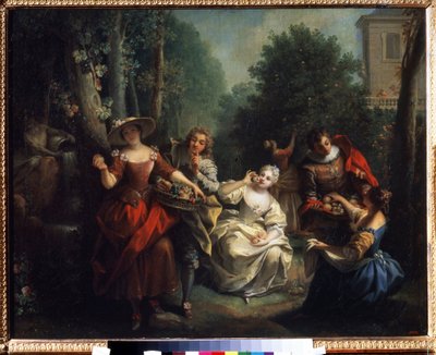 Az öt érzékszerv: ""Le gout"" (Az íz) az arisztokrácia fiataljai, akik gyümölcsöt kóstolnak. Jean Raoux (1677-1734) festménye 1725-1735 Puskin Múzeum, Moszkva alkotó: Jean Raoux