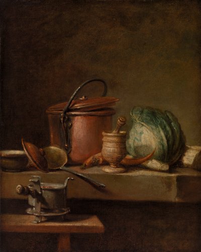 Csendélet rézfazékkal, káposztával, mozsártörővel és tűzhellyel alkotó: Jean Baptiste Simeon Chardin