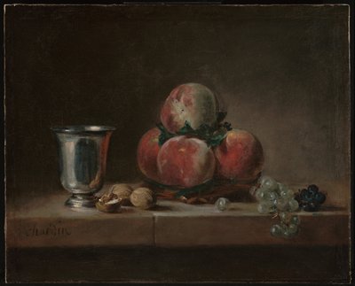 Csendélet őszibarackkal, ezüst serleggel, szőlővel és dióval alkotó: Jean Baptiste Simeon Chardin