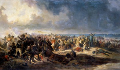 Vendee háborúi: „A quiberoni csata”” Lazare Hoche tábornok 1795. július 21-én megakadályozta a chouanokhoz köthető royalista emigránsok kitelepítését. Jean Soreuil (1824-1871) festménye, 1850 Arras, Musee Des Beaux Arts alkotó: Jean Soreuil