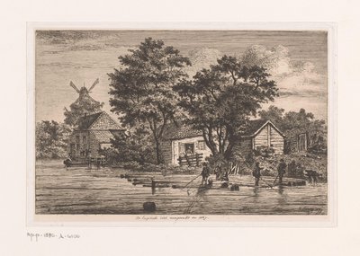 Kilátás az antwerpeni angol mellényre, amelyen a fatörzseket gyűjtik, épületek és egy malom a háttérben Az 1867-ben elkészült angol mellény (cím a tárgyon) alkotó: Jean Théodore Joseph Linnig