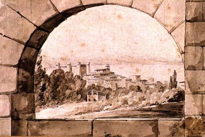 Kilátás a városra és a Bracciano-tóra, 1810 körül (toll és szépia tinta szépia mosással papíron) alkotó: Jean Thomas Thibault
