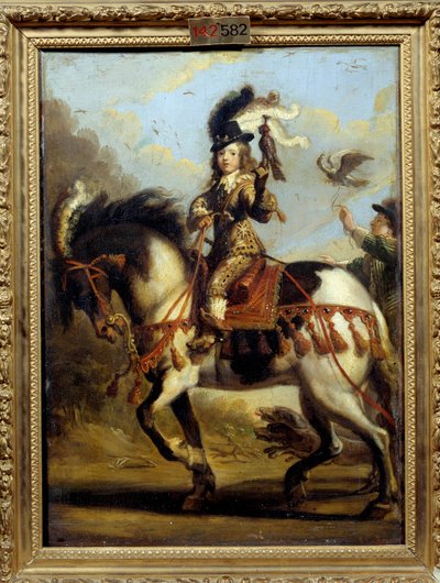 A fiatal XIV. Lajos (1638-1715) vadászatra induló lovas portréja. Jean De Saint Igny (? 1647) festménye. Olajfestmény. Méret: 0,41 x 0,30 m. Chantilly, Musee Conde alkotó: Jean de Saint-Igny