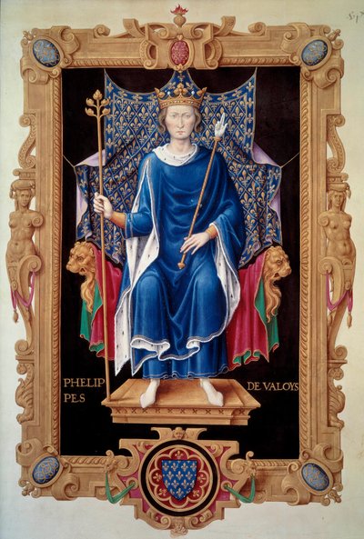 VI. Fülöp Valois király (1293-1350) portréja lábán. Jean du Tillet (1484-1520) miniatúrája a „Recueil des kings de France” című 16. századi Párizsban, B.N. alkotó: Jean du Tillet