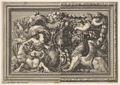 Tervezés egy hippocampot és egy griffint tartalmazó két változatú panelhez, innen: Ornements..., 1651. alkotó: Jean le Pautre