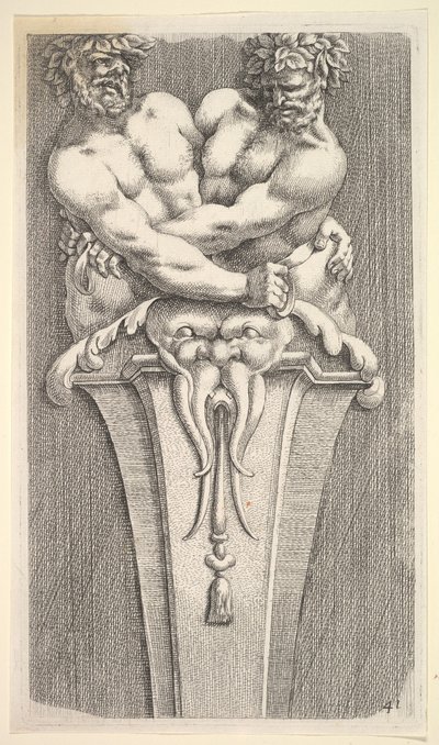 Tervezés egy kifejezésre két bakchikus figurával, forrás: Curieuses Recherches de Many Beaus..., 1645. alkotó: Jean le Pautre