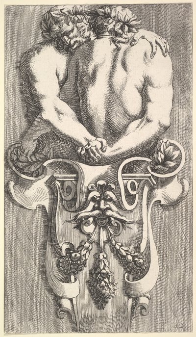 Tervezés két ölelő szatírral rendelkező kifejezésre, forrás: Curieuses Recherches de Many Beaus..., 1645. alkotó: Jean le Pautre