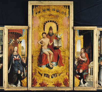 A Szentháromság dicsőítésének poliptichonja, a Szentháromságot, a Szűzanyát és Keresztelő Szent Jánost ábrázoló központi tábla, 1509-16. alkotó: Jean the Elder Bellegambe