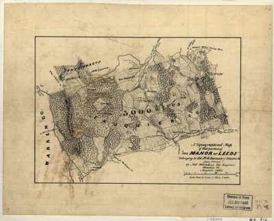 A "The Manor of Leeds" azon részének topográfiai térképe, amely M.G. Harman ezredesé volt Stauntonból, Va. LOC 2005625200 alkotó: Jedediah Hotchkiss
