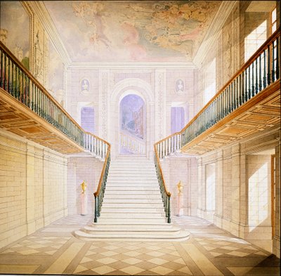 Lépcső kialakítása a Painted Hallban, Chatsworth (akvarell papíron) alkotó: Jeffry Wyatville