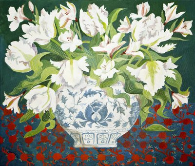 Fehér dupla tulipánok és alstroemeriák, 2013 (akril, vászon) alkotó: Jennifer Abbott