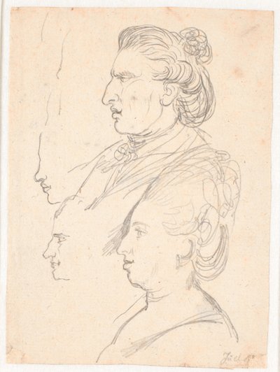 Caroline Mathilde királynő profilportréi, J.F. Struensee és Enevold Brandt, valamint egy draft, valószínűleg maga Juel. Minden a profilban balra alkotó: Jens Juel