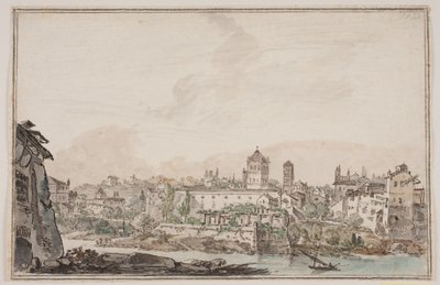 Városi kilátás házakkal és templommal a folyó mellett. Az ókori Róma alkotó: Jens Petersen Lund