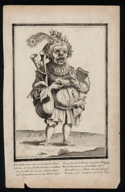 Dudát cipelő és pávatoll fejdíszt viselő férfi, szürrealista jelmezminta, c1700 (metszet) alkotó: Jeremias Wolff