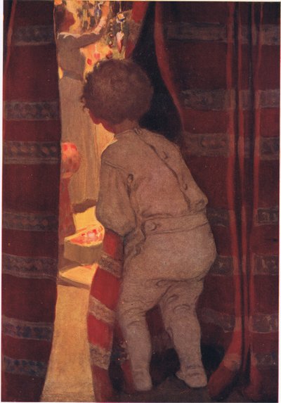 Leosont a földszintre, hogy bekukucskáljon a szalonba (színes litho) alkotó: Jessie Willcox Smith