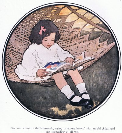 A függőágyban ült, egy régi atlaszsal próbálta szórakozni, de egyáltalán nem sikerült (színes litho) alkotó: Jessie Willcox Smith