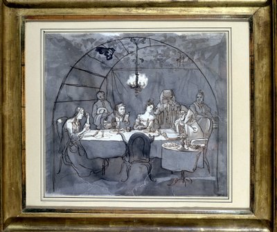 Fête des Cabanes a Kasher étteremben Moses Ulmann családja által. Rajz papírra, tollmosás 1831-ben 35,5 x 31,3 cm. (JM 189) Jewish Museum Basel, Svájc. alkotó: Jewish School