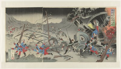 A mandzsúriai vasút megsemmisítése az orosz-japán háború során Nichiro Shiberia tetsudô Manshûsen hakai no zu (cím a tárgyon) alkotó: Jinsai Rosetsu