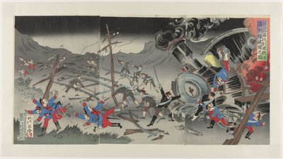 A mandzsúriai vasút megsemmisítése az orosz-japán háború során Nichiro Shiberia tetsudô Manshûsen hakai no zu (cím a tárgyon) alkotó: Jinsai Rosetsu