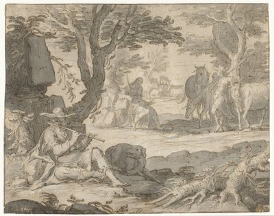 Apolló fuvolán ápolja Admetus nyáját alkotó: Joachim Wtewael or Utewael