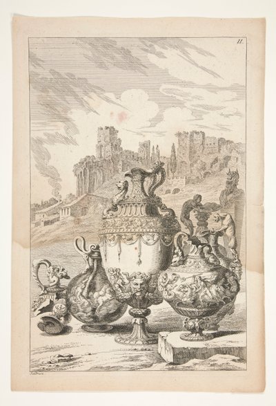 Négy váza, egy törött váza, egy törött gyertyatartó és egy herm egy tájban klasszikus romokkal alkotó: Joachim von Sandrart