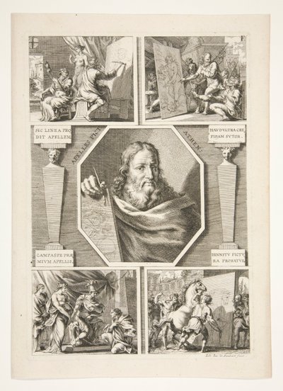 Apelles portréja és négy jelenet Apelles életéből alkotó: Joachim von Sandrart