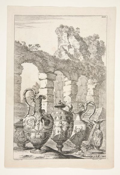 Három kancsó, egy lefedett váza és egy gyertyatartó romokkal teli tájon alkotó: Joachim von Sandrart